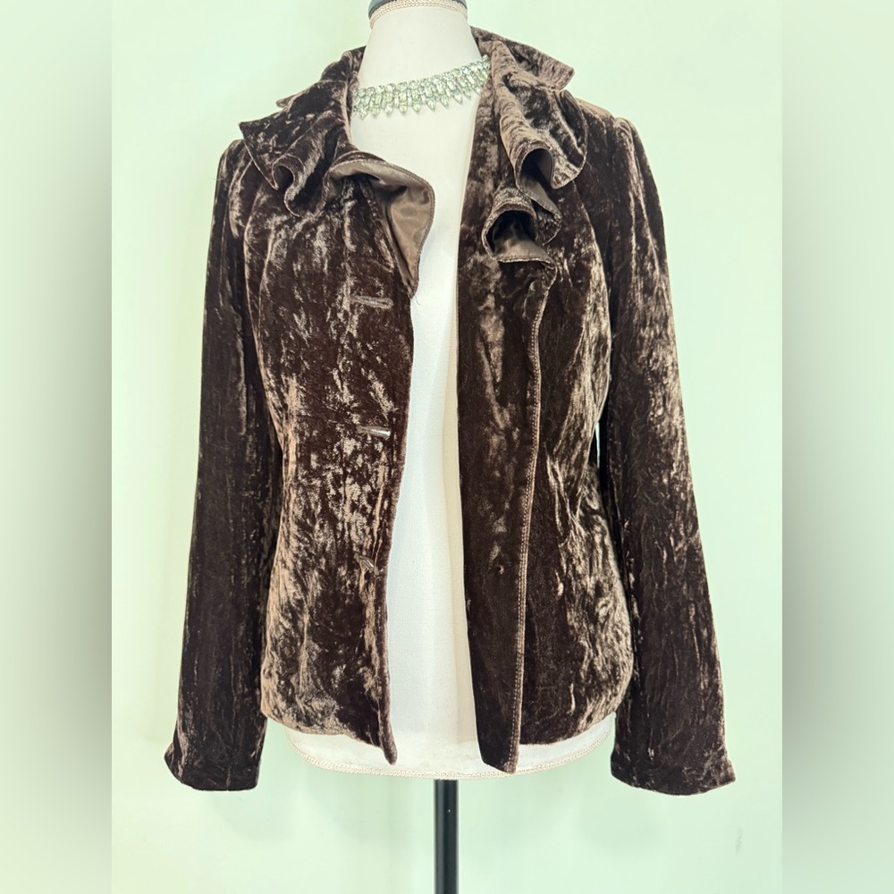 Barrie Pace Elegant Brown Velvet Jacket with ruffle accent neckline in size 14